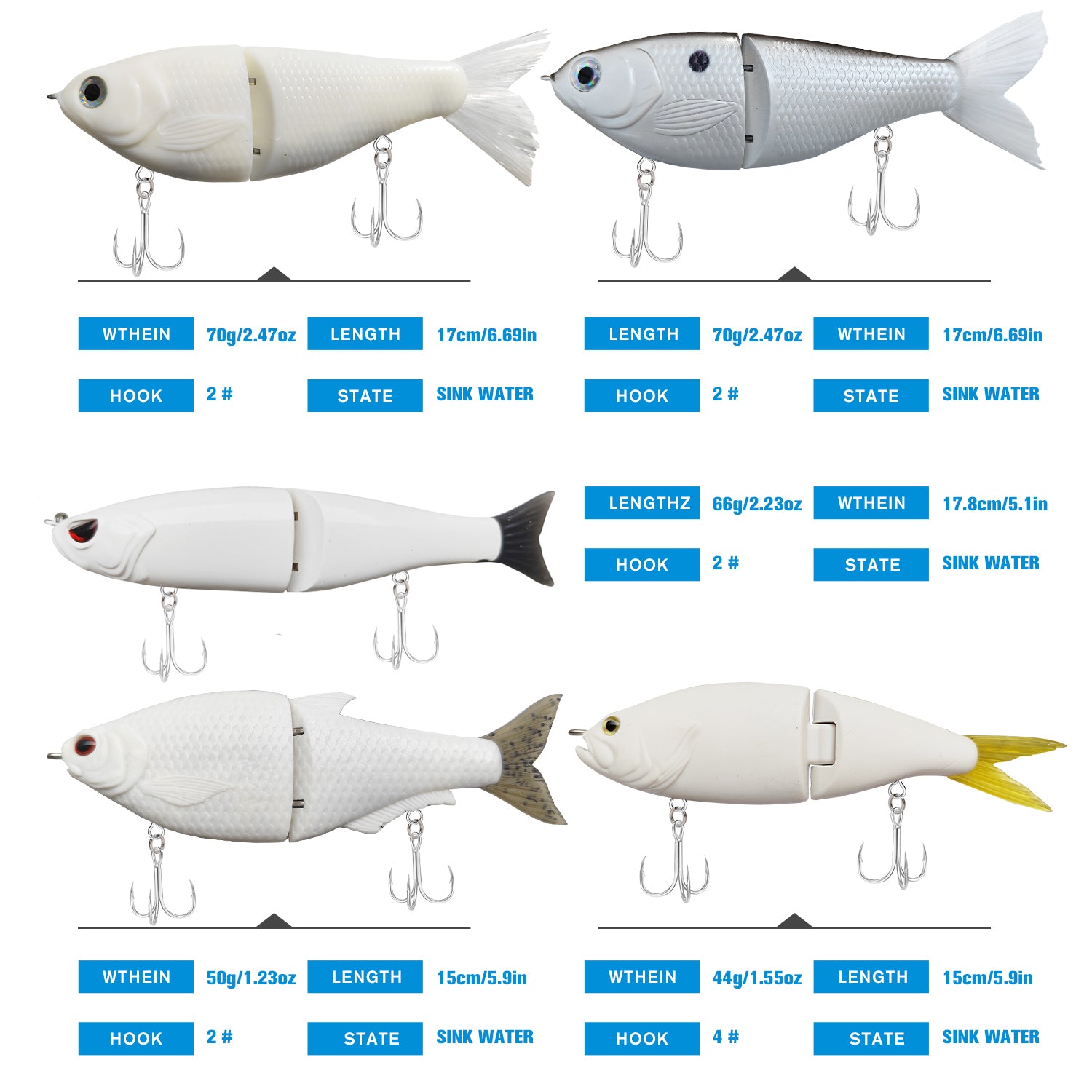 HADORAM Lure Slow Sinking Glide Bait Mixed Five-Piece Set with Fur Tail Lifelike Fishing Tackle for Trout Shad Bass Musky