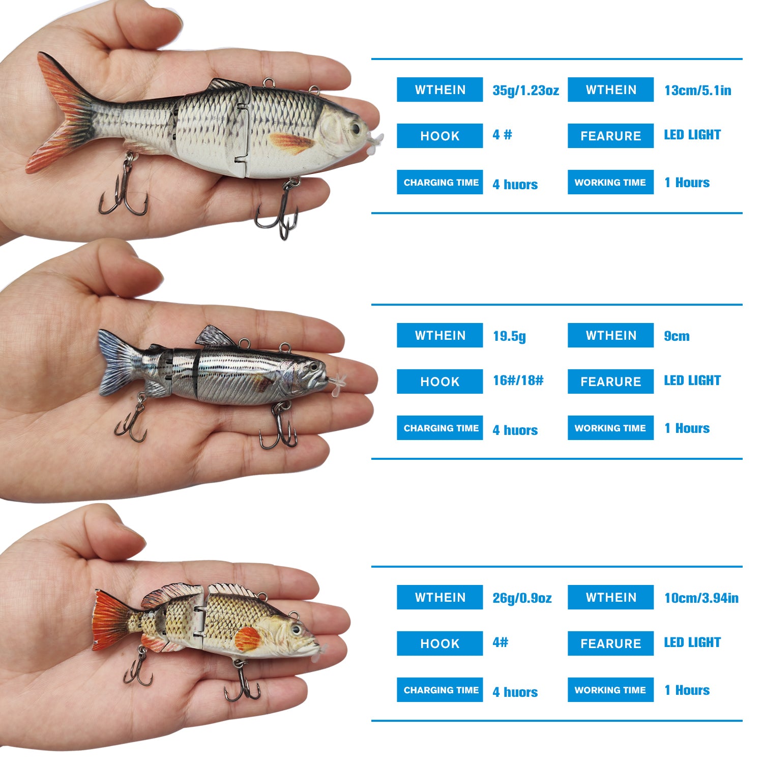 HADORAM Robotic Swimming Lure 3pcs Mixed-Color Set of Different Sizes Fishing Lure 4-Segement Multi Jointed Swimbait Electric Bait LED Light USB Rechargeable for Bass Trout Pike Fishing Tackle