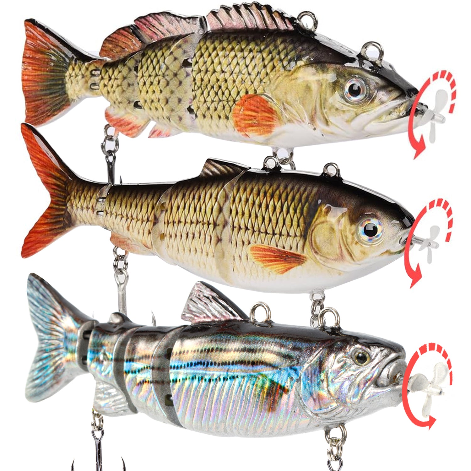 HADORAM Robotic Swimming Lure 3pcs Mixed-Color Set of Different Sizes Fishing Lure 4-Segement Multi Jointed Swimbait Electric Bait LED Light USB Rechargeable for Bass Trout Pike Fishing Tackle